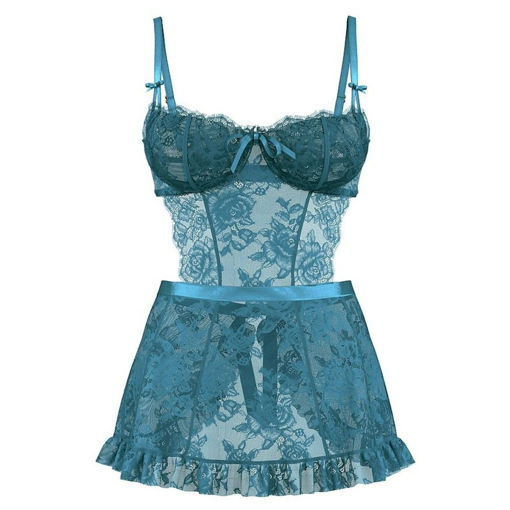 NWT Victoria's Secret Wicked Rose Lace Jade Blue Apron Lingerie Slip Size Large - Picture 1 of 14
